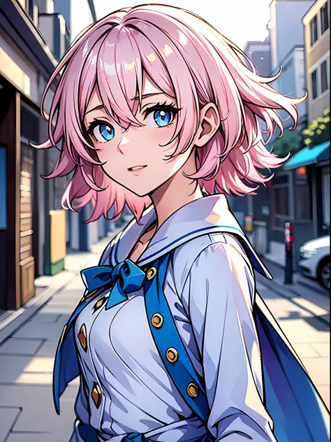Exquisite masterpiece, best quality, illustration style, an anime girl with pink hair, short hair, city street, sweet expression...