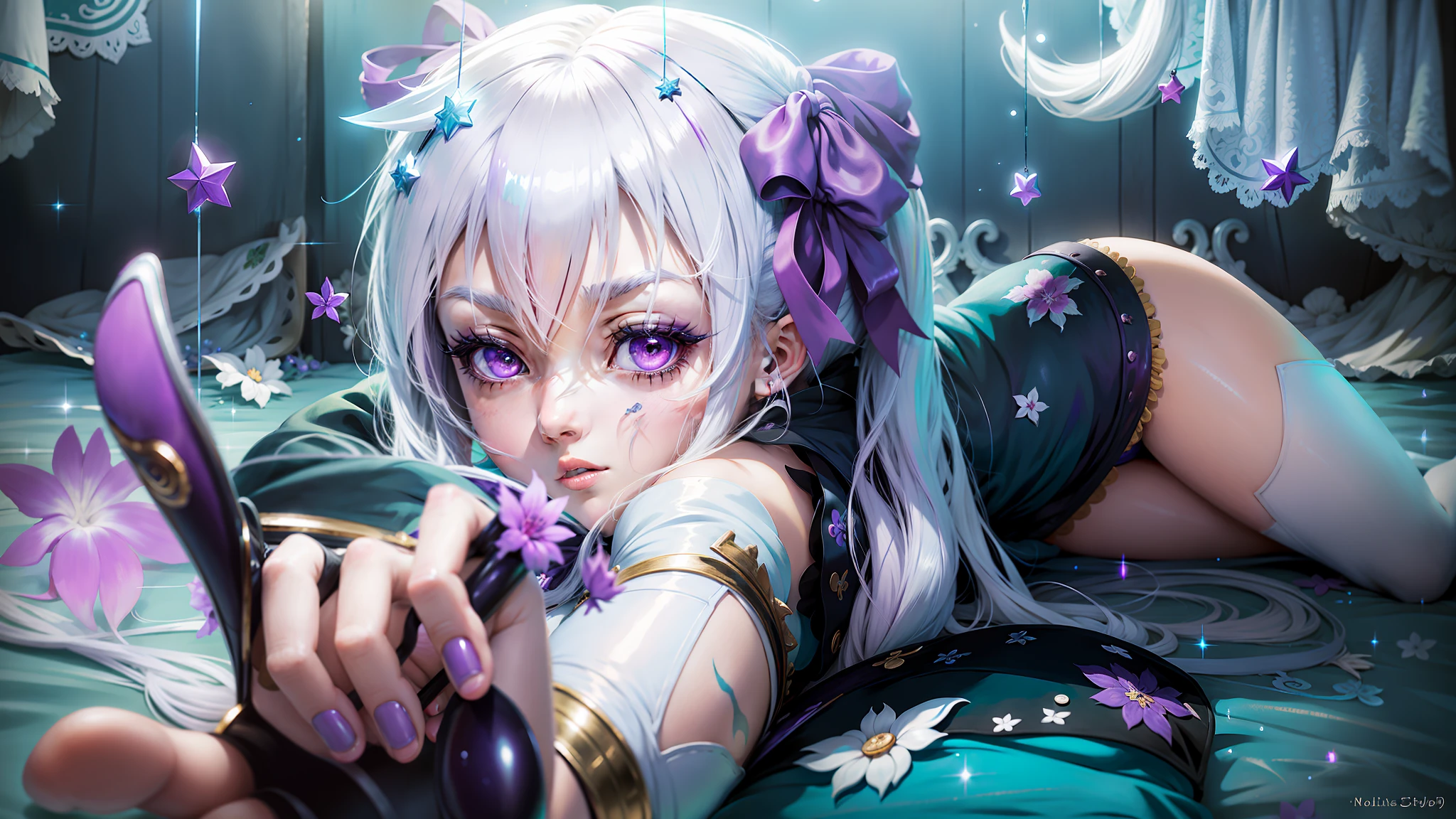 Anime girl laying on bed with purple hair and purple nails - SeaArt AI