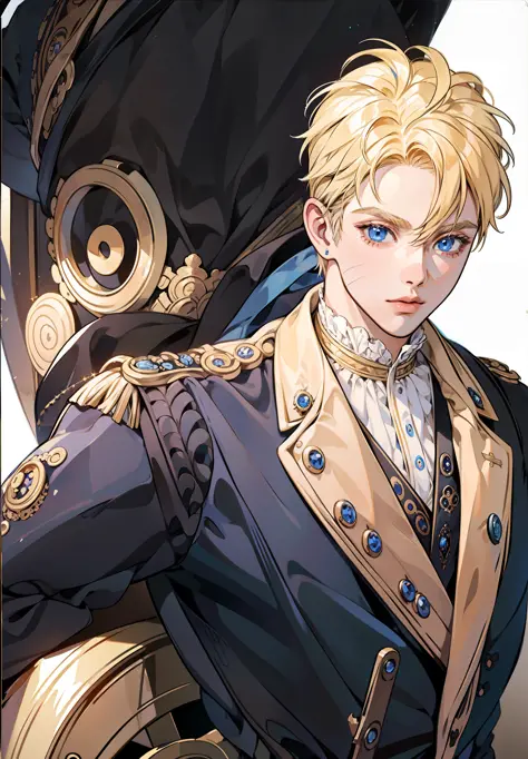 Prince, blue eyes, blonde hair, black outfit, young, mature, masculine man, gold earring, detailed, quality, highly detailed, tan skin, solo, blue eyes, naruto with victorian attire, ((((victorian boy attire)))), 1 boy, solo, uzumaki naruto, whiskermark