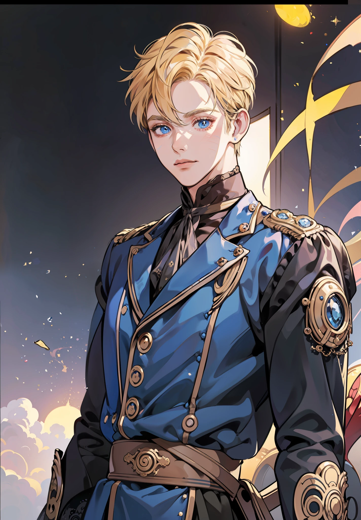 Prince, blue eyes, blonde hair, black outfit, young, mature, masculine man, gold earring, detailed, quality, highly detailed, tan skin, solo, blue eyes, naruto with victorian attire, ((((victorian boy attire)))), 1 boy, ((solo)), uzumaki naruto, whiskermark, sharp gaze