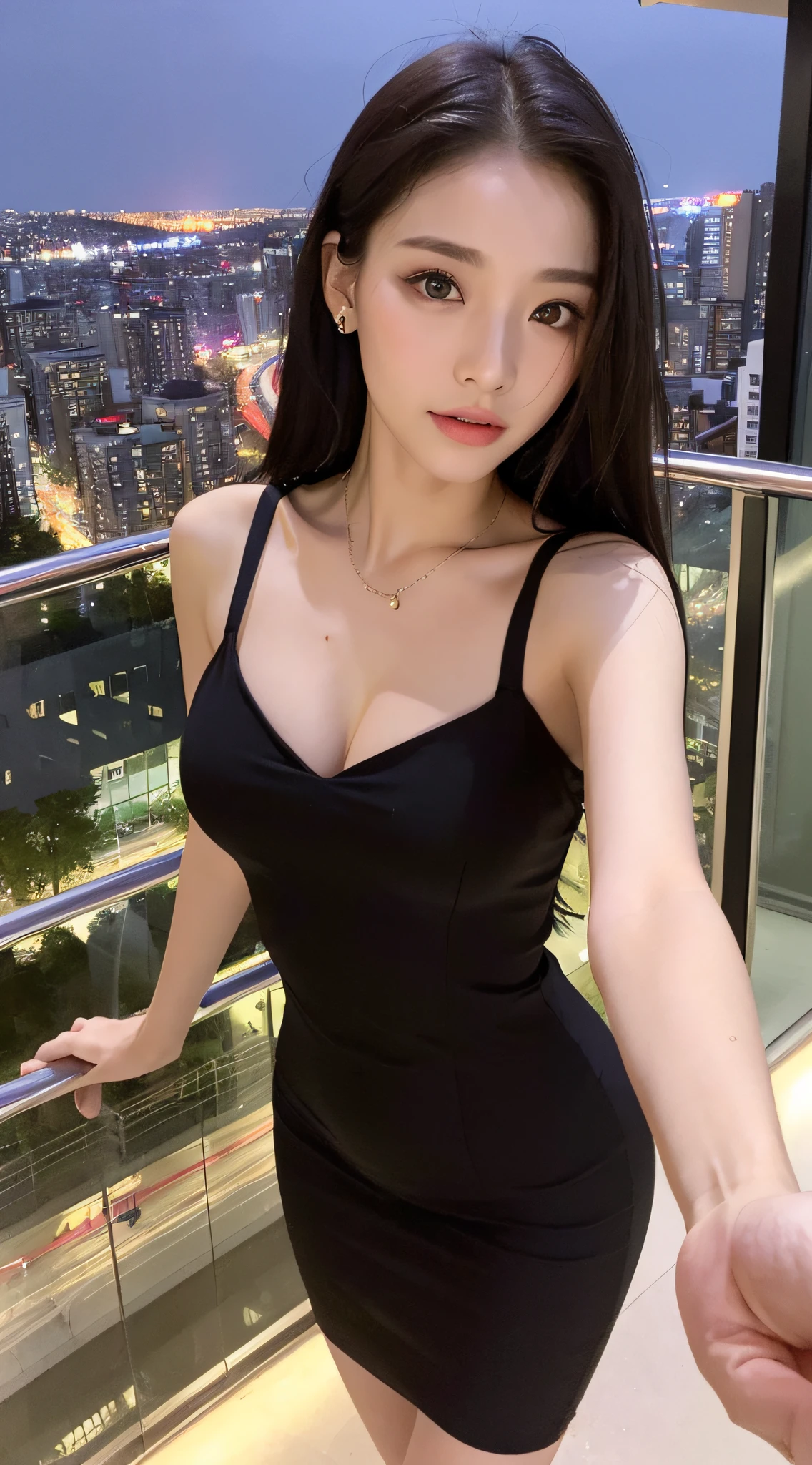 African Woman With Big Tits - A woman in a black dress posing for a picture in front of a city - SeaArt AI