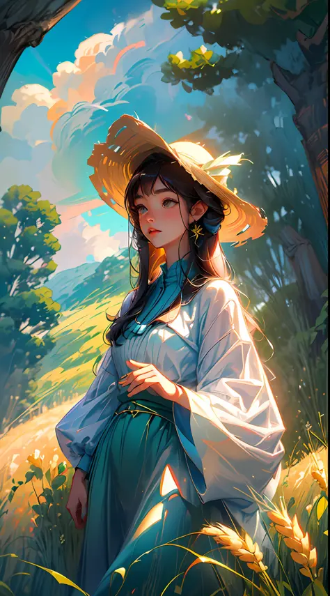 A girl with a straw hat stands in a wheat field, big clouds, blue sky, rice field, neat rice seedlings in the field, forest, hillside, secluded, rustic, HD detail, hyperdetail, cinematic, surrealism, soft light, deep field focus bokeh, ray tracing and surr...