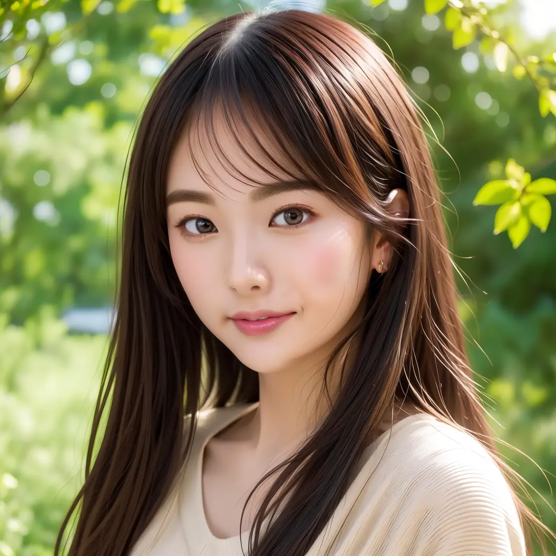Beautiful Japan woman, nice perfect face with soft skin, small face with nose and rose-like lips, beautiful eyes, beautiful smile. Black, thin and long beautiful hair bathed in a bright etheric shine. Facing the front. centered, close-up shot, beige ensemb...