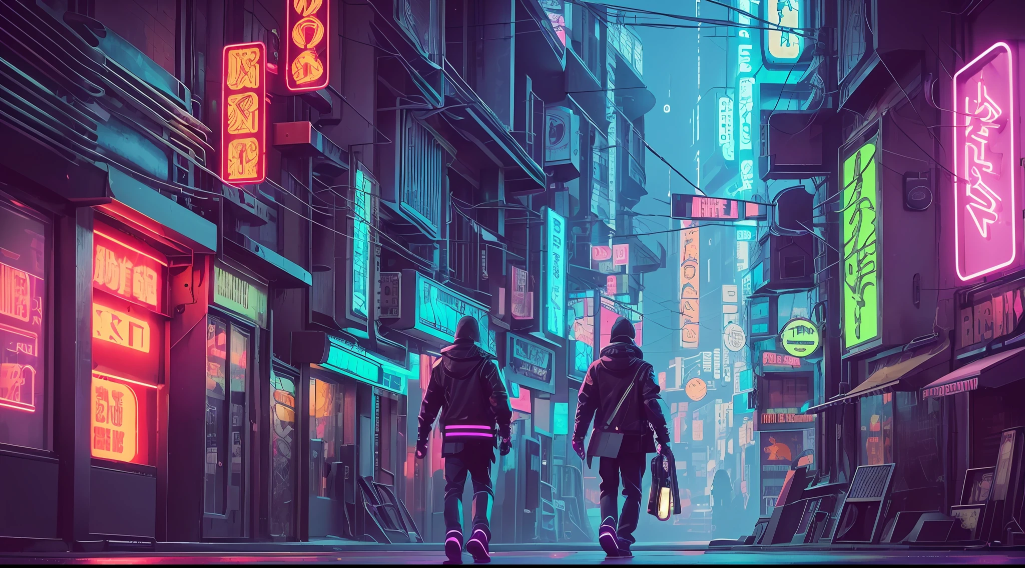 a person walking down a city street at night with neon signs, cyberpunk street, cyberpunk atmosphere, cyberpunk streets at night, cyberpunk street at night, cyberpunk night street, cyberpunk city street, cyberpunk art style, lots of cables and neon signs, cyberpunk aesthetic, cyberpunk city street background, cyberpunk artstyle, cyberpunk aesthetics, best on adobe stock, arstation and beeple highly