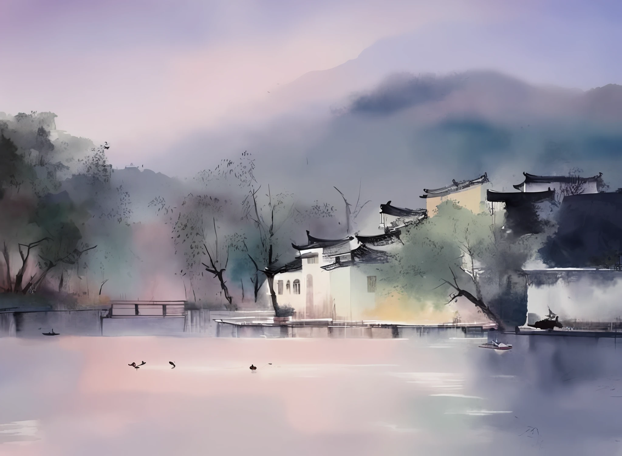 Watercolor painting, Jiangnan architecture, countryside, lake water, ducks, hazy fog, dreamy colors,