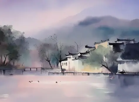 Watercolor painting, Jiangnan architecture, countryside, lake water, ducks, hazy fog, dreamy colors,