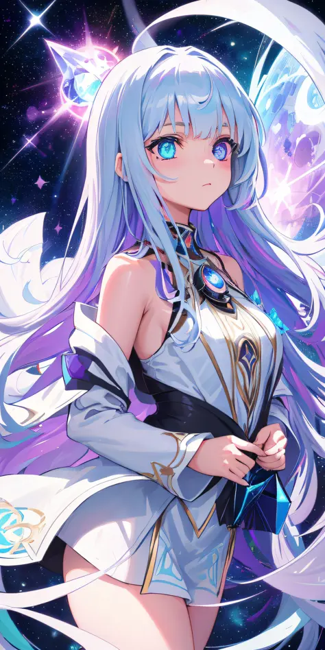 A girl in space captivates with her ((heterochromatic eyes)), each iris displaying a unique and enchanting color combination. Her eyes shimmer like celestial gems, reflecting the wonders of the cosmos. The illustrative style takes inspiration from the ethe...