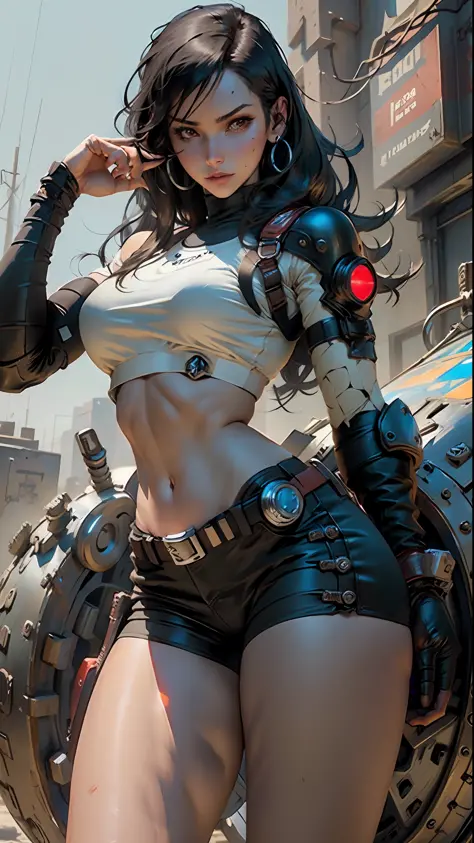 Woman body defined, thick thighs, cybernetic body parts, cyborg, prosthetic arm, short underwear, tifa lockhart, long black hair, (red eyes: 1.2), large breasts
