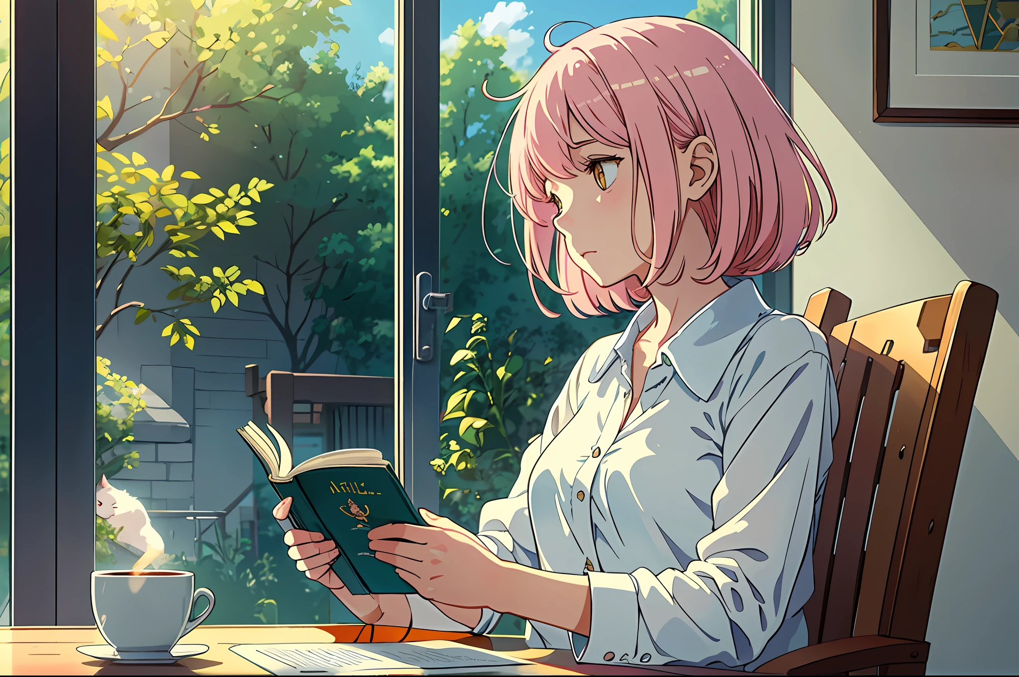 sunlight,physics-based rendering, Masterpiece, 1 girl, Delicate Face Soft, gentle, profile face, lovely small breasts, pink hair, no makeup, short blouse, profile, sitting in a chair, reading book, window in the background with minimalist details, coffee cup on the table,highest quality, soft colors, sunny day, studio ghibli, anime scene, depth of field,  1 white cat sleeping, perfect and simplified cat anatomy, minimalist scenario focus on the character,