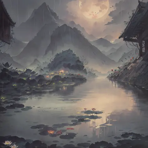 At night, only the moonlight illuminates, crooked moon, mountains in the distance, beautiful big lotus flowers nearby, big red lotus flowers, running water next to it, frogs, summer full of joy, crooked moon in the sky mixed with stars, amazing wallpaper, ...
