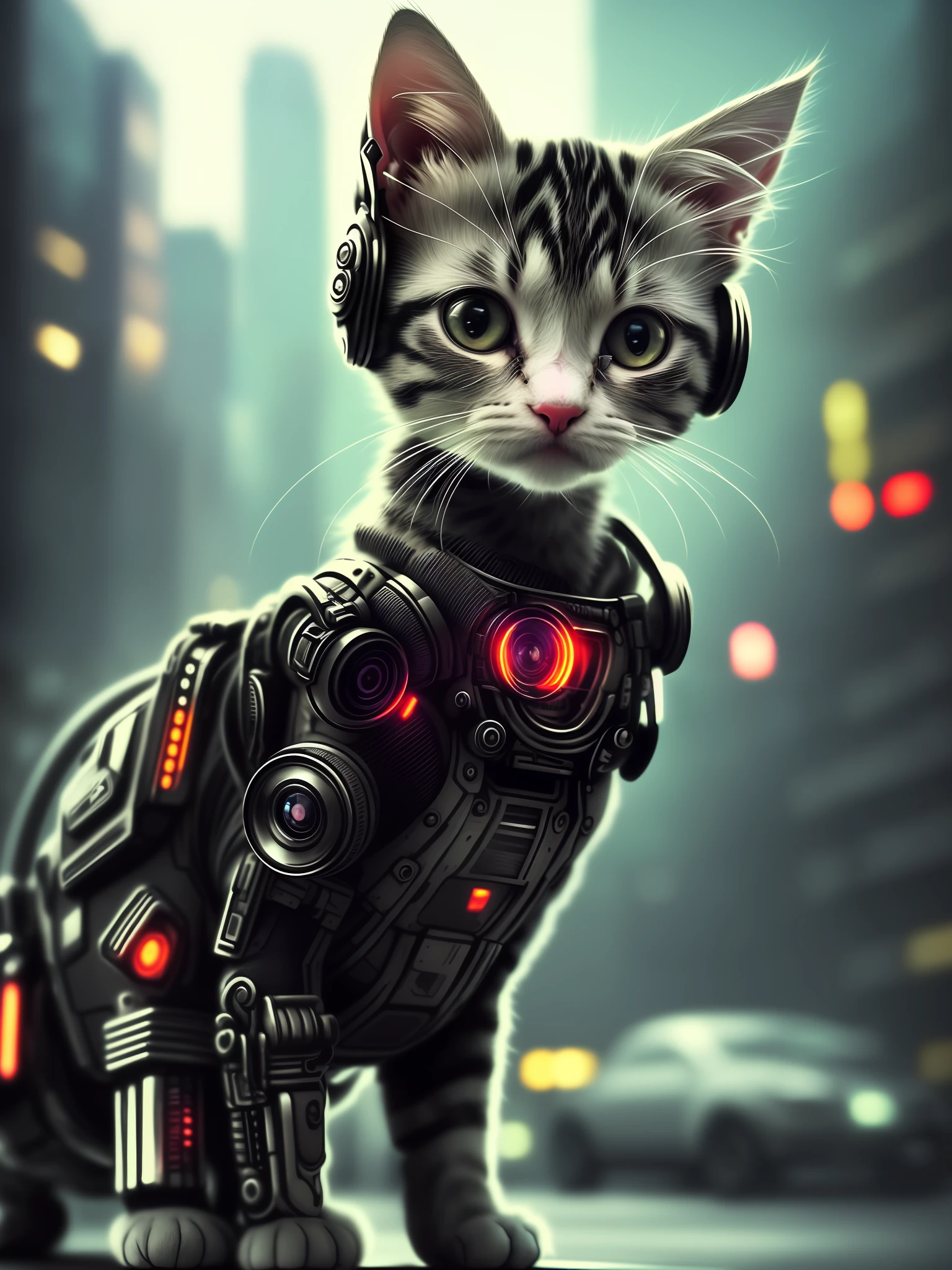 un chaton mignon, curieux++, cyborg+, style cyberpunk, (détail complexe)++, HDR, (détail complexe)+, (Super détaillé)+, objectif cinématographique, vignette [(deux tailles)