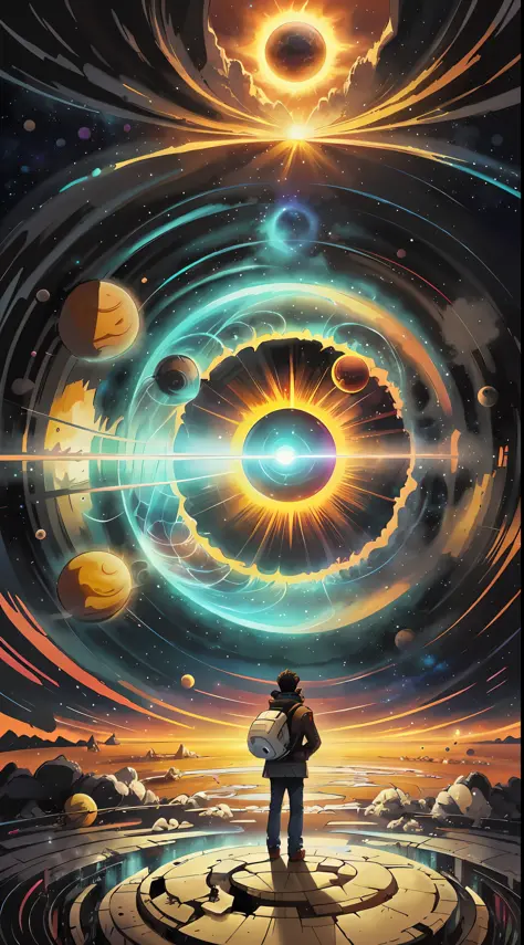 a man standing in front of a space portal with a view of the sun, cyril rolando and goro fujita, portal to another universe, ins...