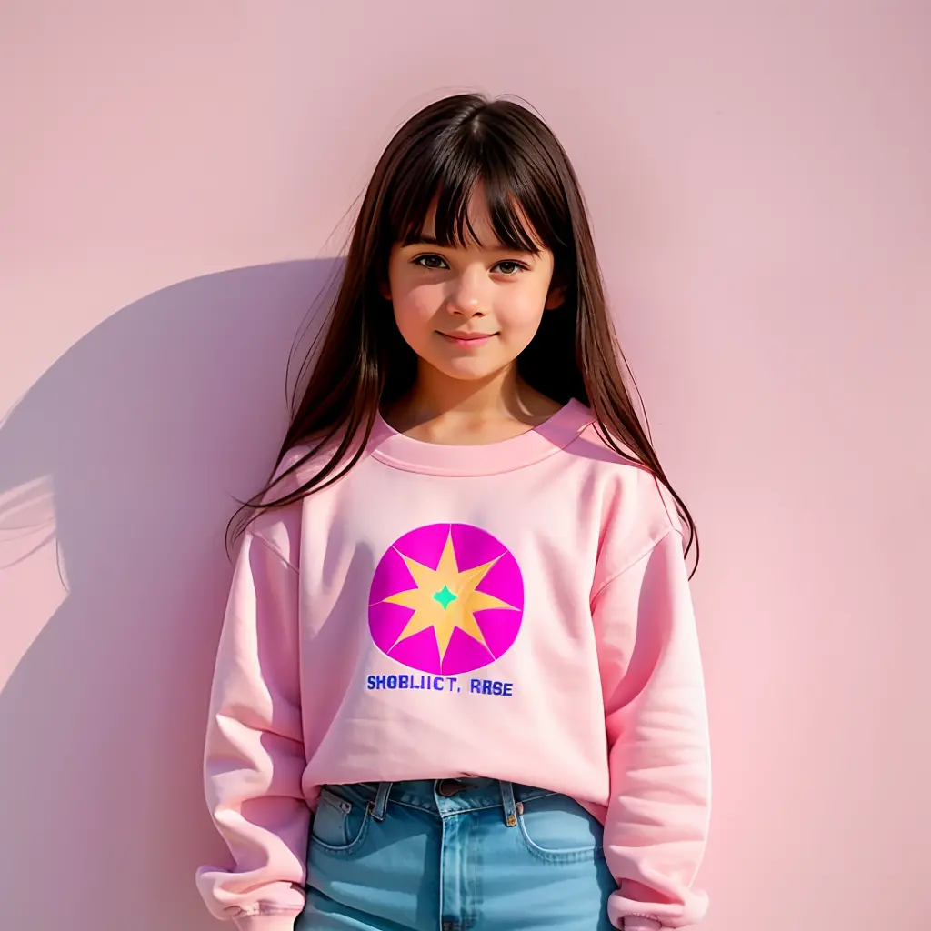 girl, long dark hair, pale pink sweatshirt, full body shot, natural skin texture, hyperrealism, complex background, hyperdetaile...