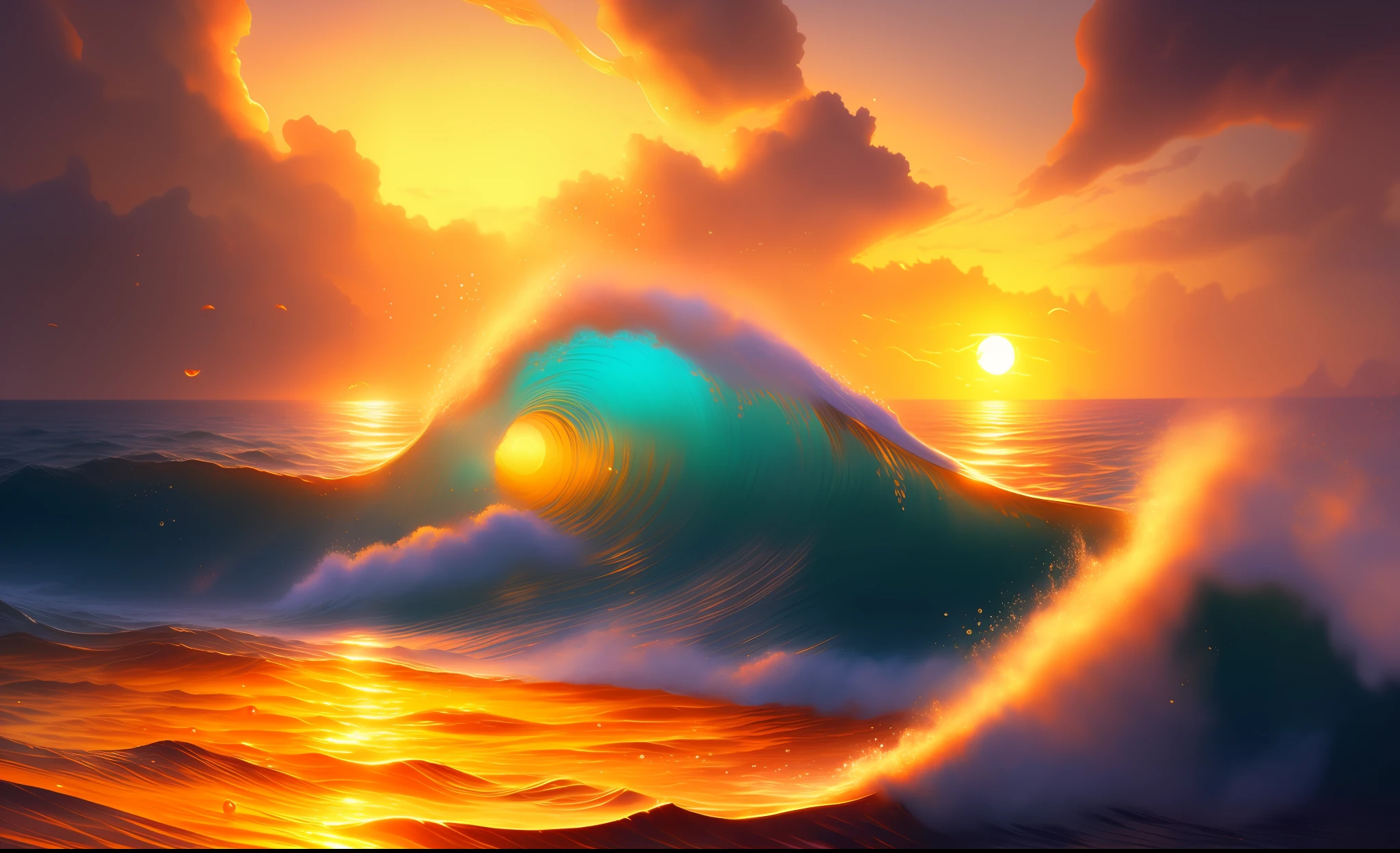 Masterpiece, best quality, (8k wallpaper of very detailed CG unit) (best quality), (best illustration), (best shadows) a golden sea wave, bright orange aol sunset through the wave, golden droplets flying, (:1.6) A realistic dragon flying above the waves