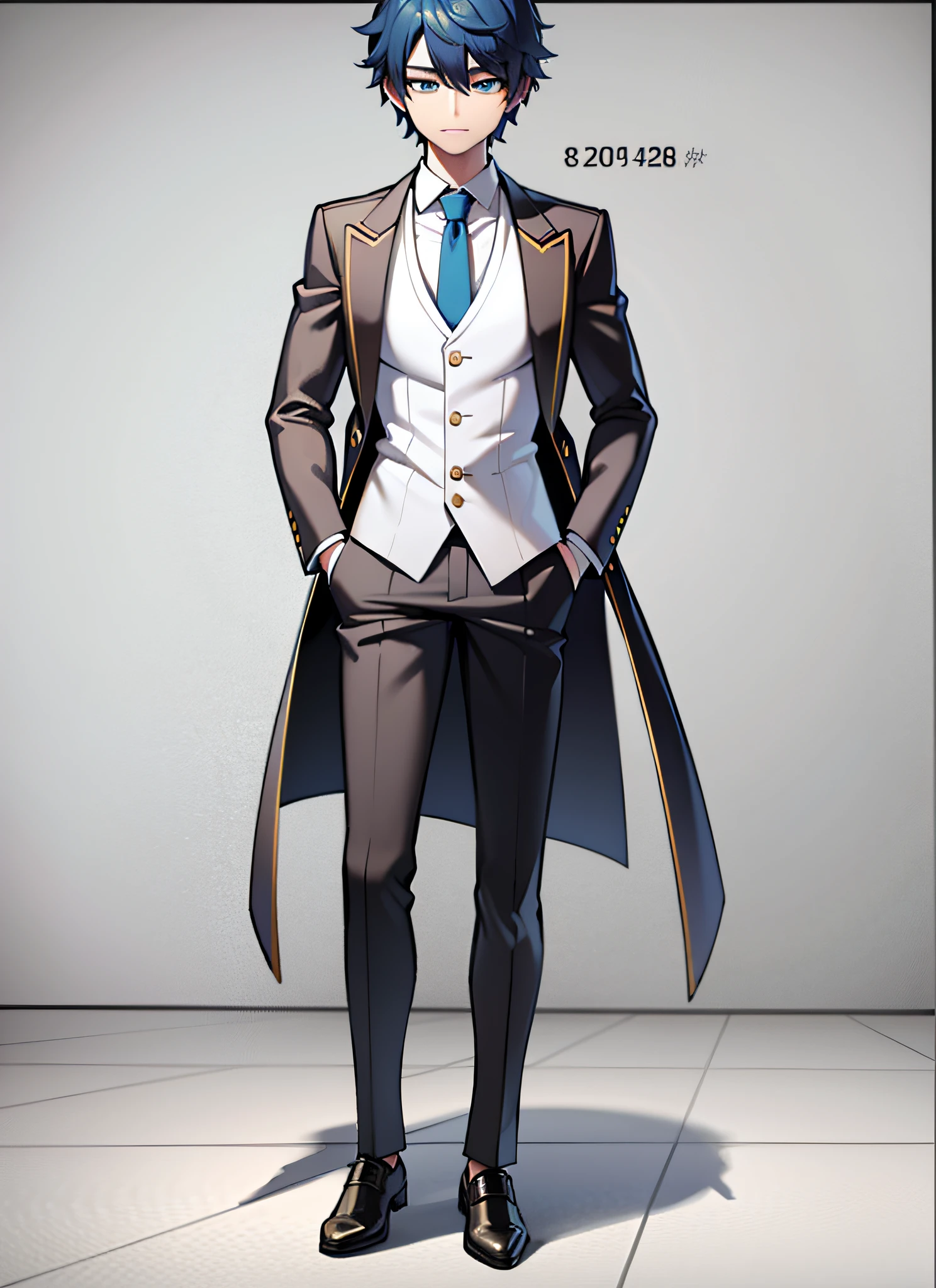 Full Body Vtuber, Full Body Portrait, Clear Face, Best Quality Masterpiece, ((male)), looking at the audience, standing looking directly at the audience, solo, blue eyes, white sailor's suit, (dark blue hair)), Short hair, Full body portrait, ((8k , RAW photo, highest quality, masterpiece), Professional photo, (best shadow), Ultra High Definition, Cinematic Light, High Detail CG Includes 8K Wallpapers, (Full)),