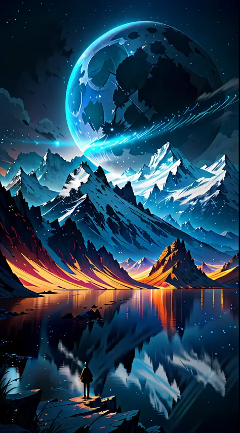 mountains and a lake with a moon in the sky, 4k highly detailed digital art, 4 k hd wallpaper very detailed, impressive fantasy landscape, sci-fi fantasy desktop wallpaper, unreal engine 4k wallpaper, 4k detailed digital art, sci-fi fantasy wallpaper, epic...