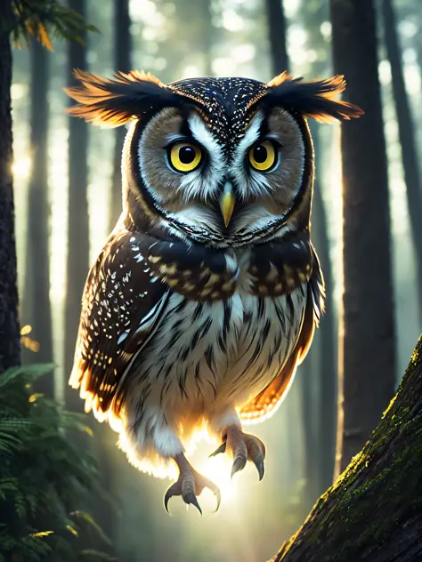 Close-up photo of a very cute jumping owl in the forest, soft volumetric light, (backlight: 1.3), (movie: 1.2), intricate details, (ArtStation: 1.3), Rutkowski