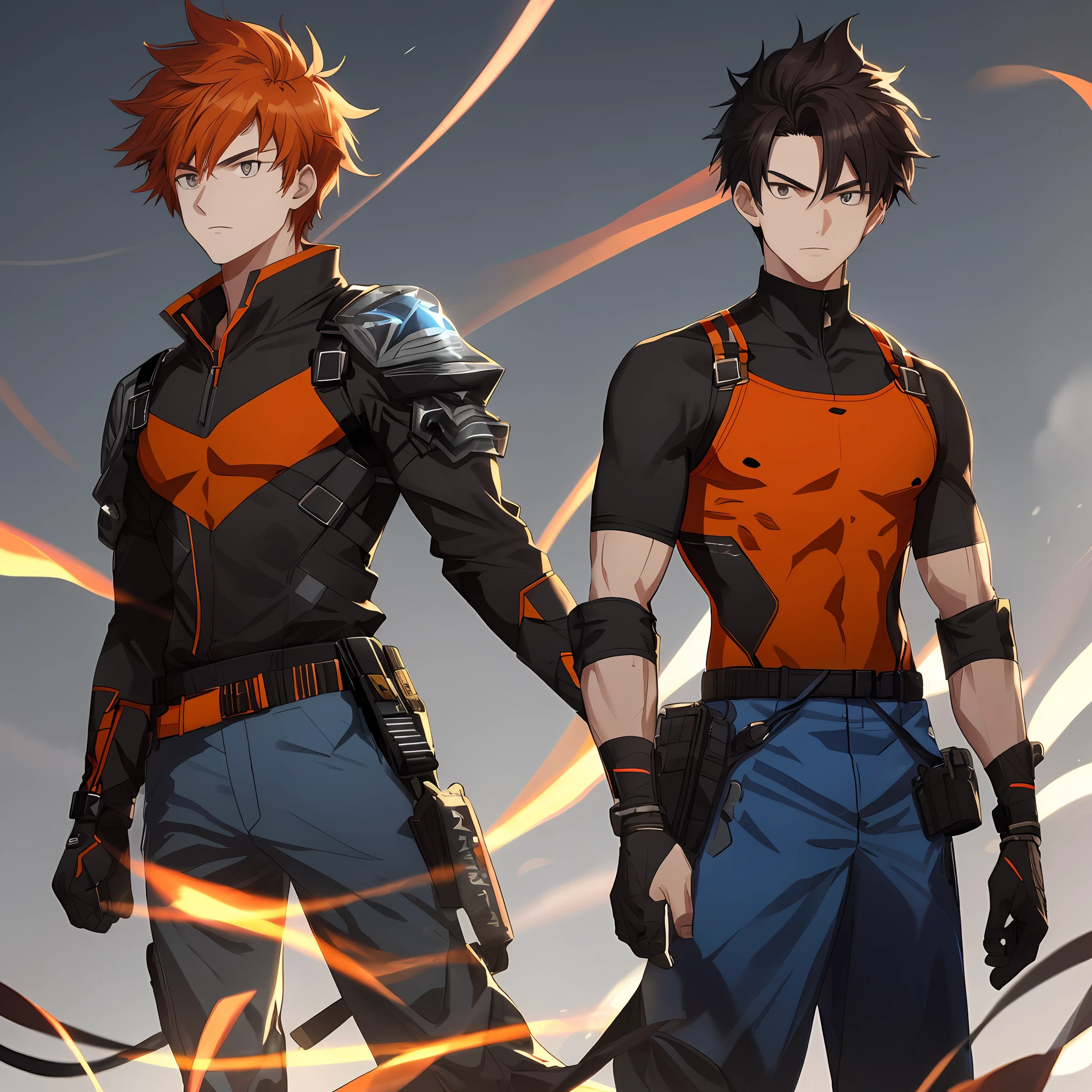 Two anime characters in orange and black outfits standing next to each  other - SeaArt AI