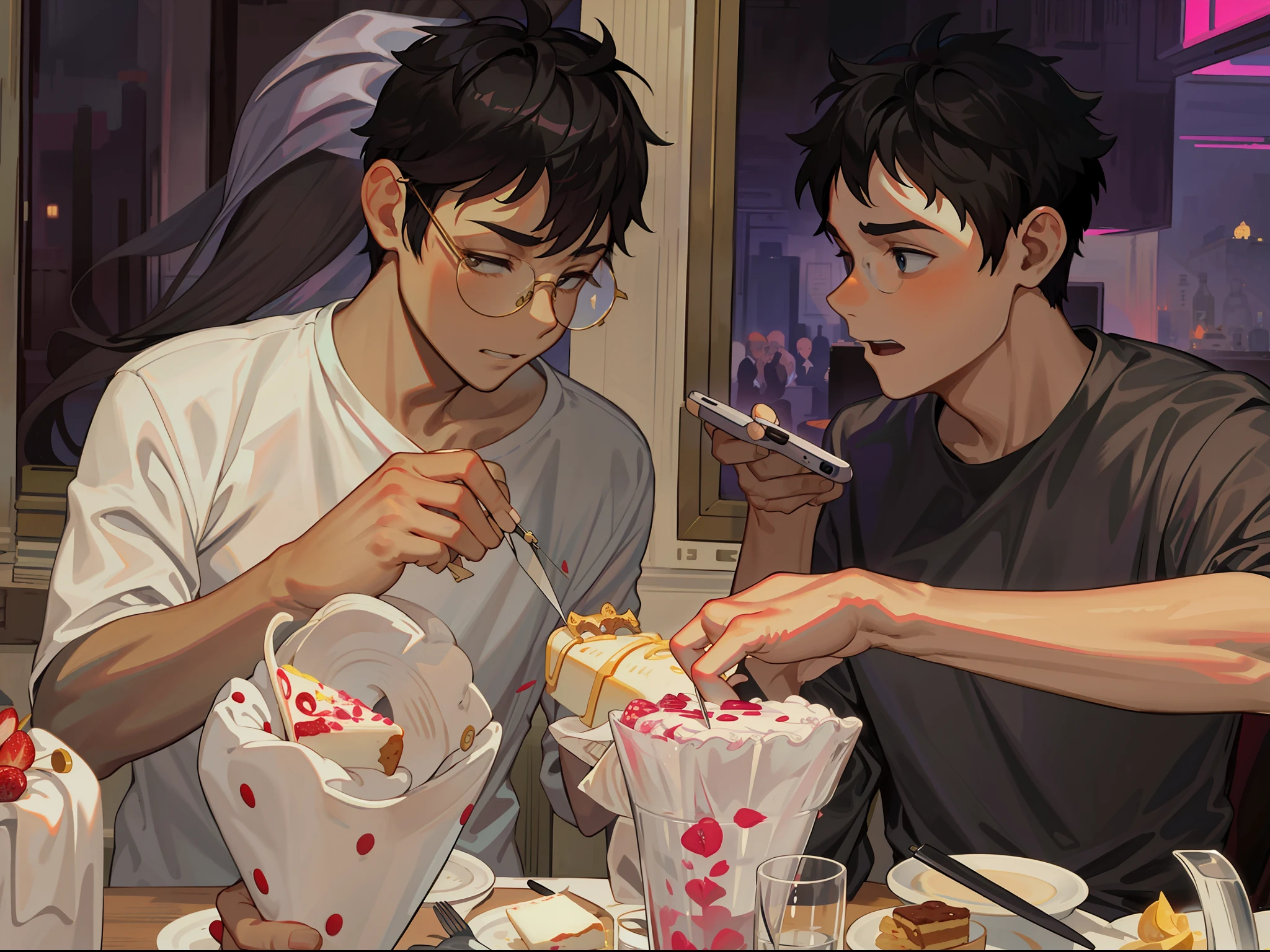 {{masteripe}} Extreme illustration 1 male prince elegant short hair black hair cute close-up glasses, two men sitting on a table eating cake, holding mobile phone to take a picture