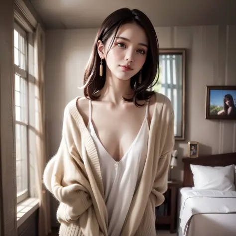 a super beautiful young woman, 22 years old, standing in a bedroom with bright lights. She has a beautiful and delicate face with a smile that lights up the room. Her big eyes are smart and spiritual, and her collarbone is delicate. She is wearing a cardig...