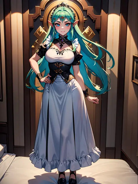 (full body image:1.5), (princess zelda, standing, alone:1.2) ,(large breasts:1.5), (she's wearing black maid attire with very sh...