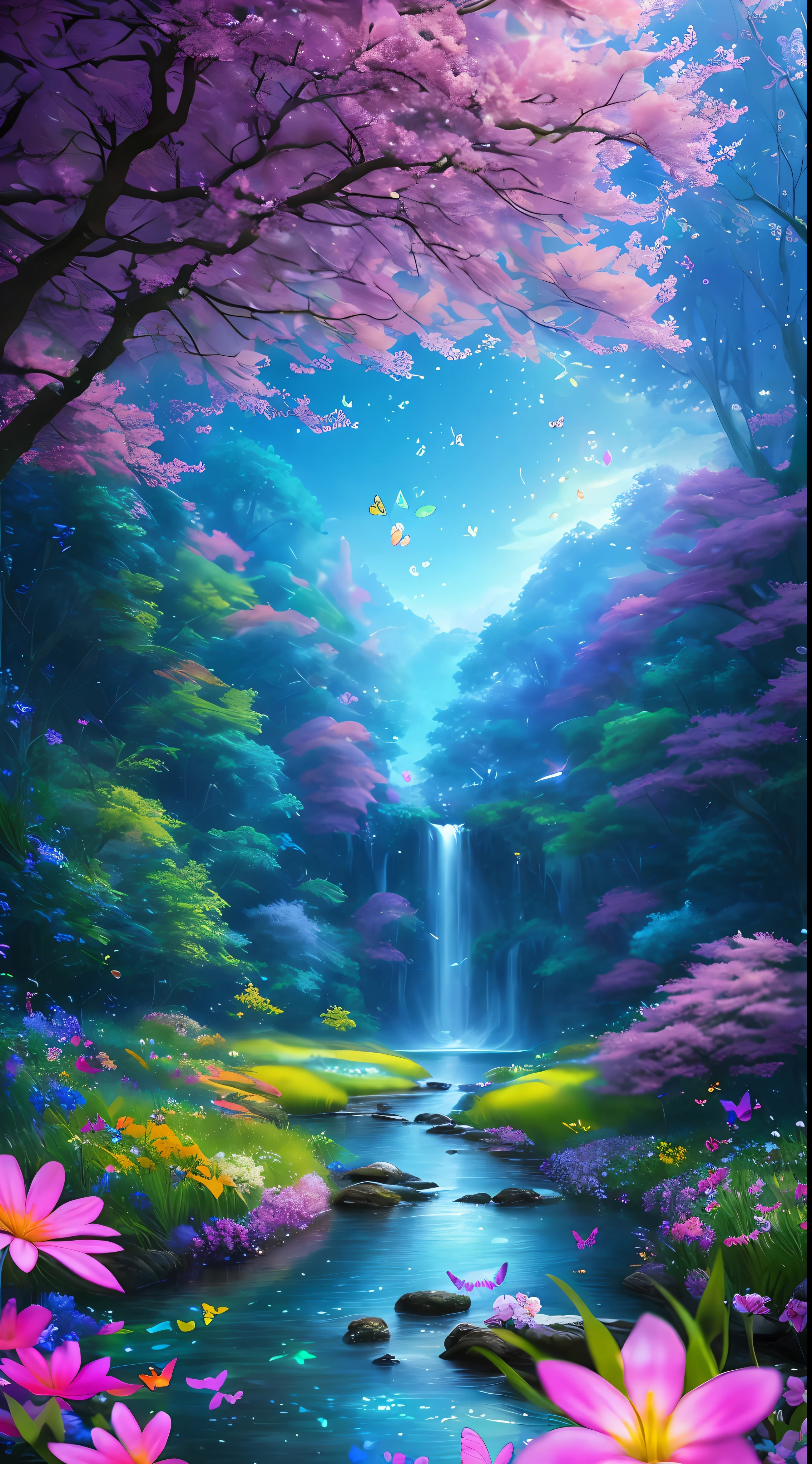杰作, 最好的质量, 高质量, 高度详细的 CG Unity 8k 壁纸, 极其丰富多彩且纯粹的奇幻环境, 鲜艳的色调和明亮的天空, 鲜绿的草地景观, 多彩的树木, 闪闪发光的水果和明亮的蓝色花朵. 溪流呈深蓝色, 还有一颗甜蜜的, 空气中弥漫着异国情调. 环境仿佛从梦中走出来, 发光的蝴蝶和巨大的彩色鸟儿飞来飞去, 获奖摄影, 散景, 景深, 人类发展报告, 盛开, 色差, 实际的, 非常详细, artstation 上的热门 , CGSociety 上的热门, 错综复杂, 高细节, 戏剧性, 旅途中的艺术