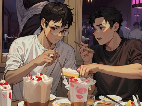 {{masteripe}} Extreme illustration 1 The male prince has elegant short hair and black hair cute close-up glasses, two men sittin...