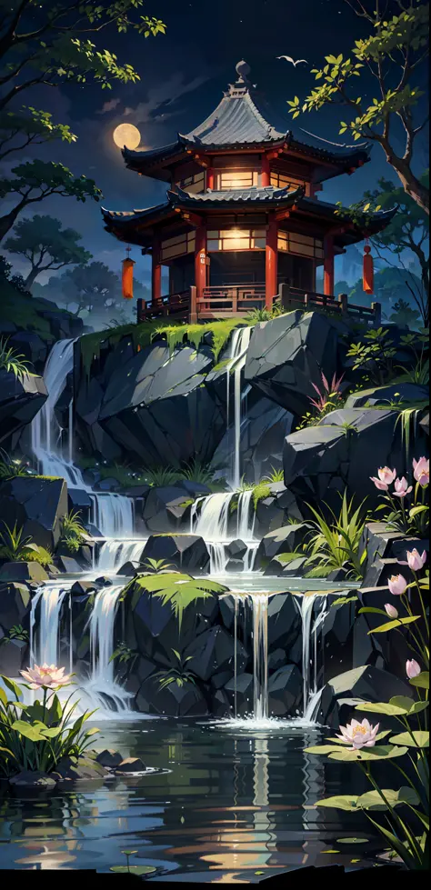 Ancient Chinese architecture, garden, bamboo, lake, stone bridge, rockery, arch, corner, rockery, tree, flowing water, landscape, outdoor, waterfall, meadow, rock, water lily, stream, lotus, moon, night view, hot springs, water vapor, (illustration: 1.0), ...