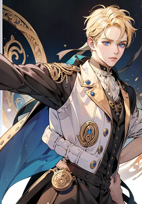 Prince, blue eyes, blonde hair, black outfit, young, mature, masculine man, gold earring, quality, highly detailed, tan skin, solo, blue eyes, naruto with victorian attire, ((((victorian boy attire)))), 1 boy, solo, uzumaki naruto, whiskermark,