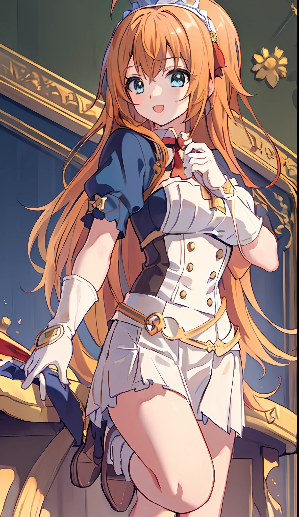 (((Masterpiece)))), (((highest quality)))), (((very detail))), precise fingers, not too many fingers, not unnatural hands, illustration, ahoge on the top of the head, 1 girl, solo, golden long hair, red miniskirt, pecorine, royal elegant pose