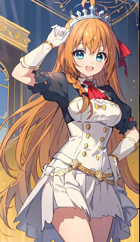(((Masterpiece)))), (((highest quality)))), (((very detail))), precise fingers, not too many fingers, not unnatural hands, illustration, ahoge on the top of the head, 1 girl, solo, golden long hair, red miniskirt, pecorine, royal elegant pose