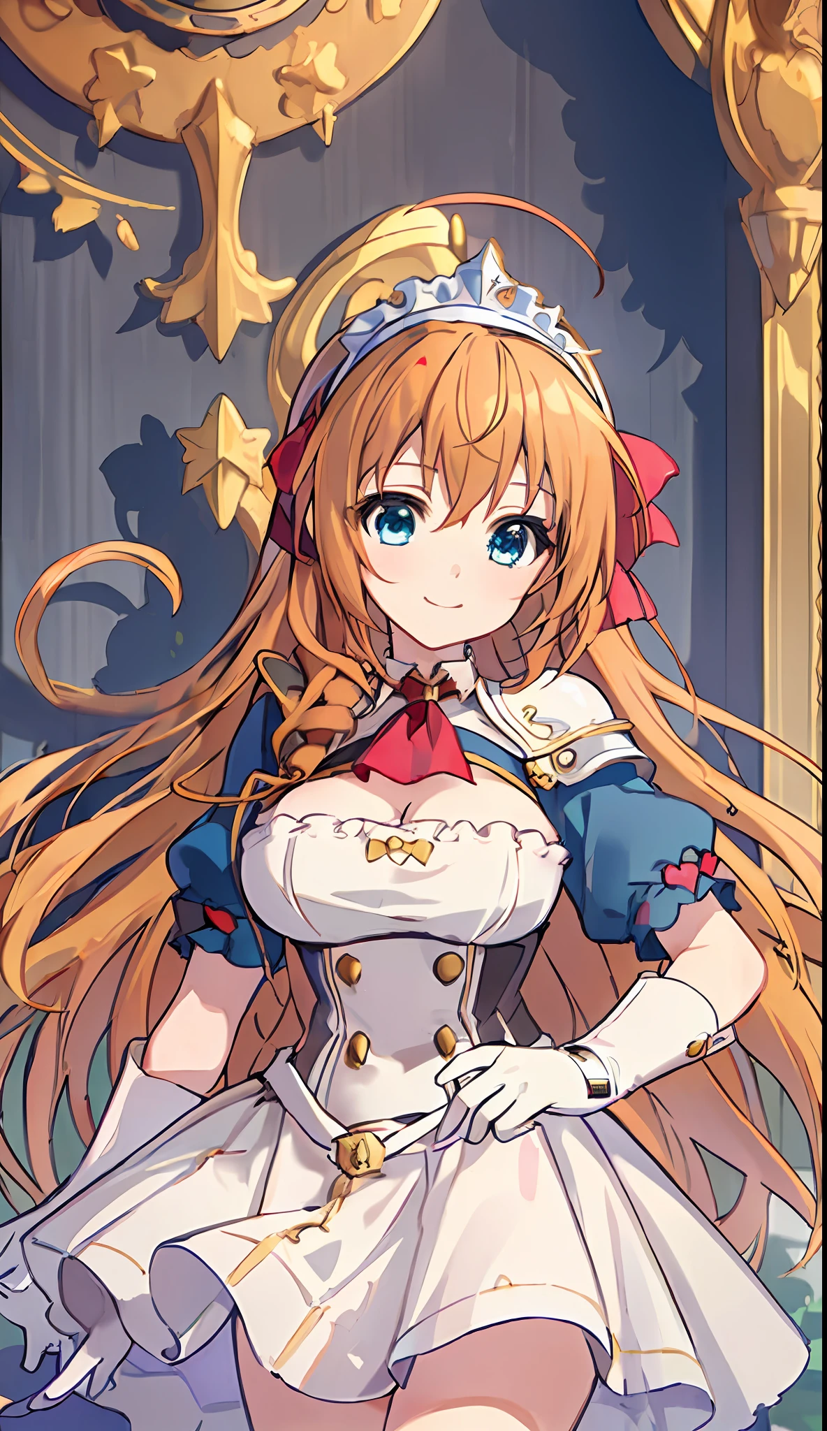 (((Masterpiece)))), (((highest quality)))), (((very detail))), precise fingers, not too many fingers, not unnatural hands, illustration, ahoge on the top of the head, 1 girl, solo, golden long hair, red miniskirt, pecorine, royal elegant pose