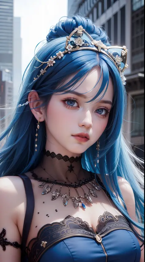 A stunning portrait of a blue-haired beauty in a blue dress, posing against the backdrop of a futuristic city. Her face is flawl...