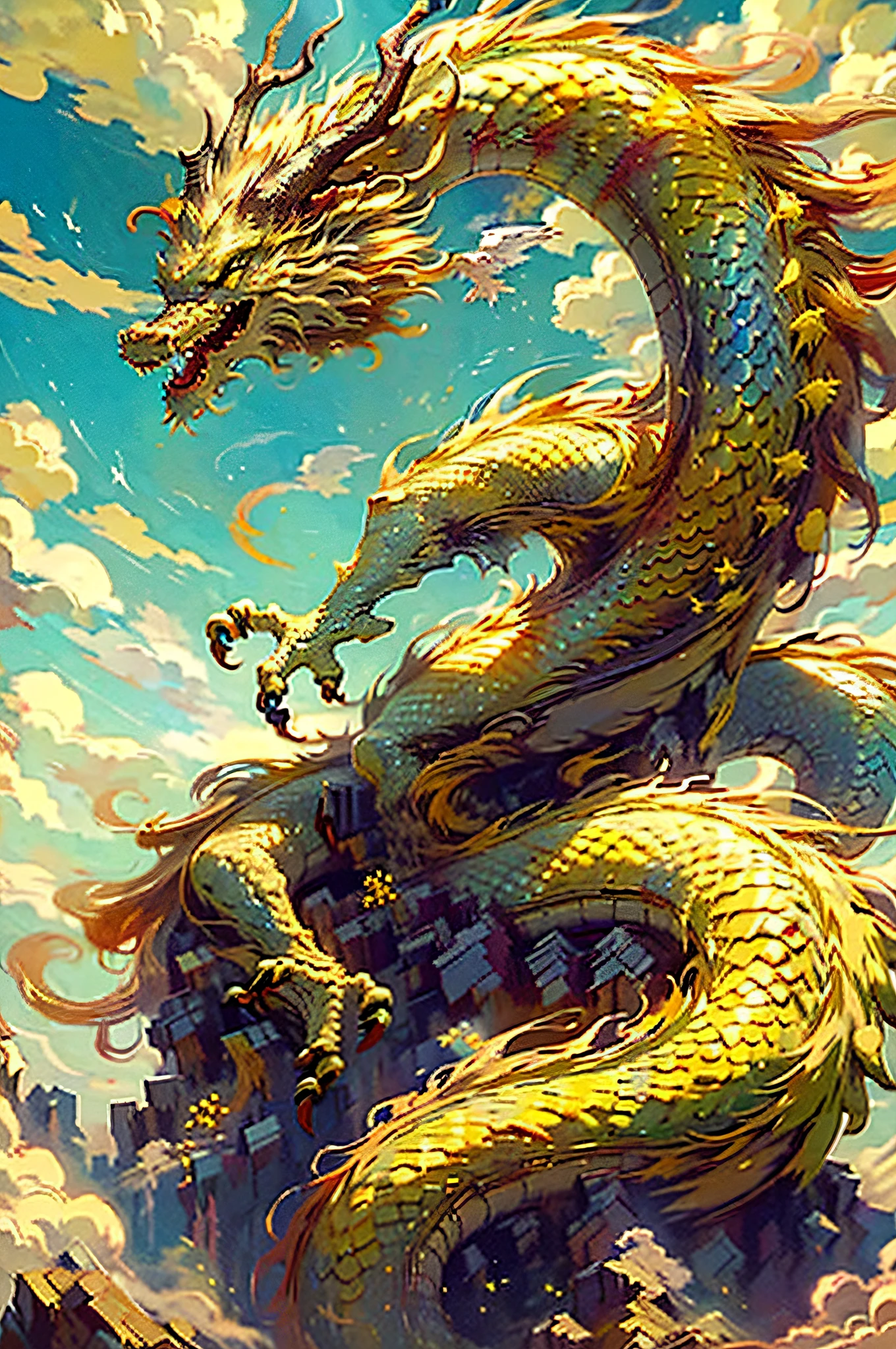 Q version, golden, best quality, masterpiece, super high resolution, no human, (length: 1.2), sky, yellow eyes, clouds, scales, oriental dragon, open mouth, sharp teeth, flying, horns, teeth, sky, claws, fangs, blue sky, spitting fire