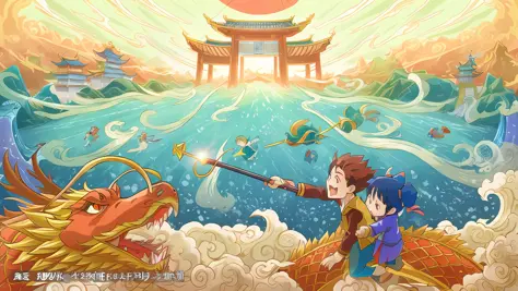 Anime style drawing of boys and girls on board with dragons, Dragon Boat Festival illustration, hand drawn cartoon art style, G Liulian art style, 8K cartoon illustration, Chinese fantasy, digital cartoon painting art, official artwork, inspired by Zhang Z...