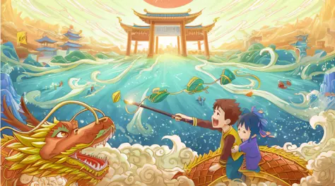 Anime - style illustration of a boy and a girl on a Chinese dragon, Dragon Boat Festival, Chinese fantasy, beautiful artwork illustration, Chinese dreams, anime fantasy illustration, Chinese mythology, epic full color illustration, art style, 4K HD illustr...