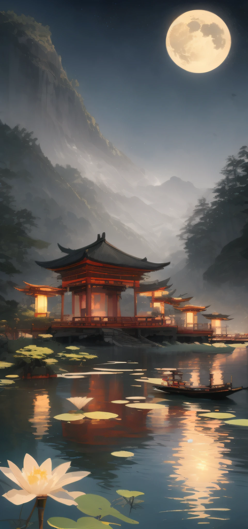 masterpiece, best quality, Chinese martial arts style, an Asian night scene with lanterns and water lilies, Asian lagoon with lanterns and boats night scene with many lights and boats on the water, lake surface, lotus flowers, beautiful night scene, ((Chinese martial arts style)))), with vast sky, continuous mountains and steep cliffs, inkwashing style,  contour light, atmospheric atmosphere, depth of field, rising mist, bamboo, pine trees, octagonal stone pavilion, waterfall running water, large full moon, (No color), Monochrome, light color,
