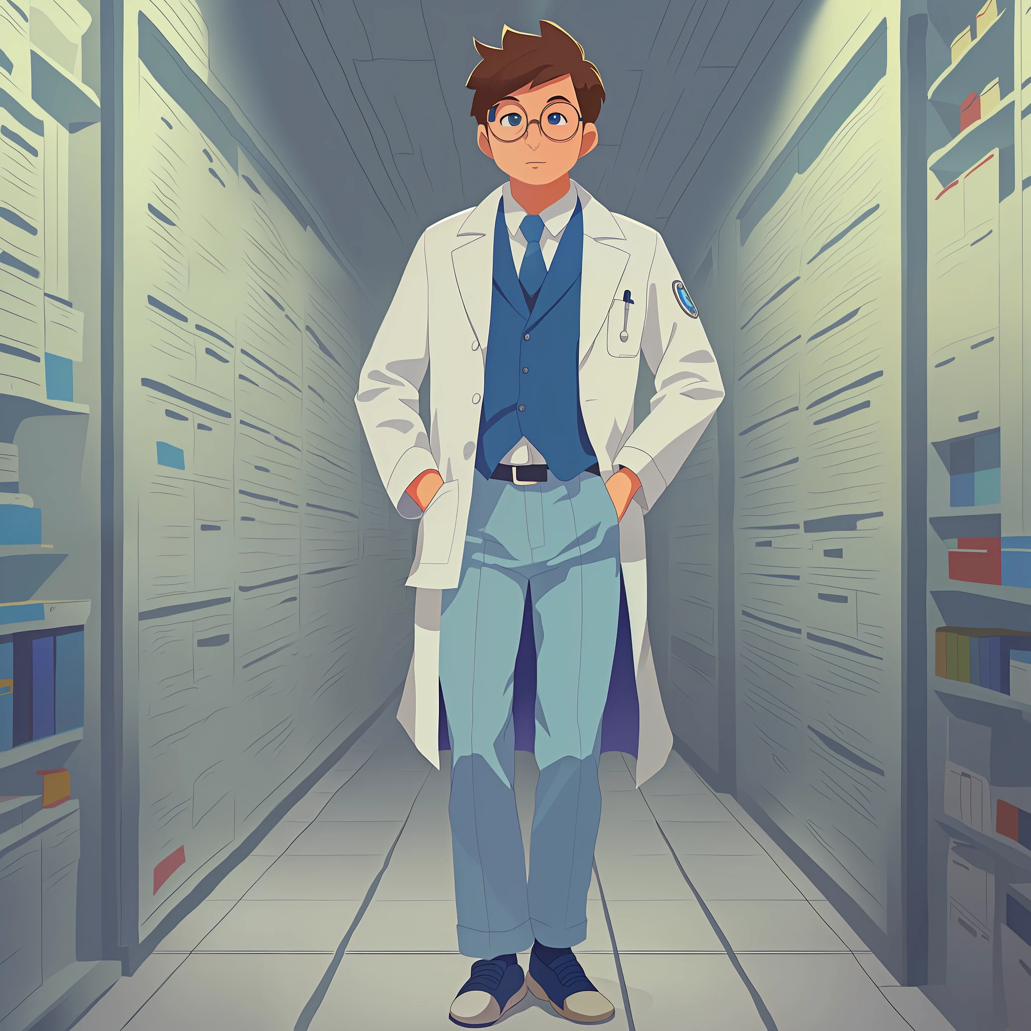 Male Doctor, Cartoon Doctor, Q Version Doctor, White Coat, Eye Details, Short Hair, No Bangs, Inch Hairstyle, Glasses, 3d Rendering, Blue Background, Full Body Photo