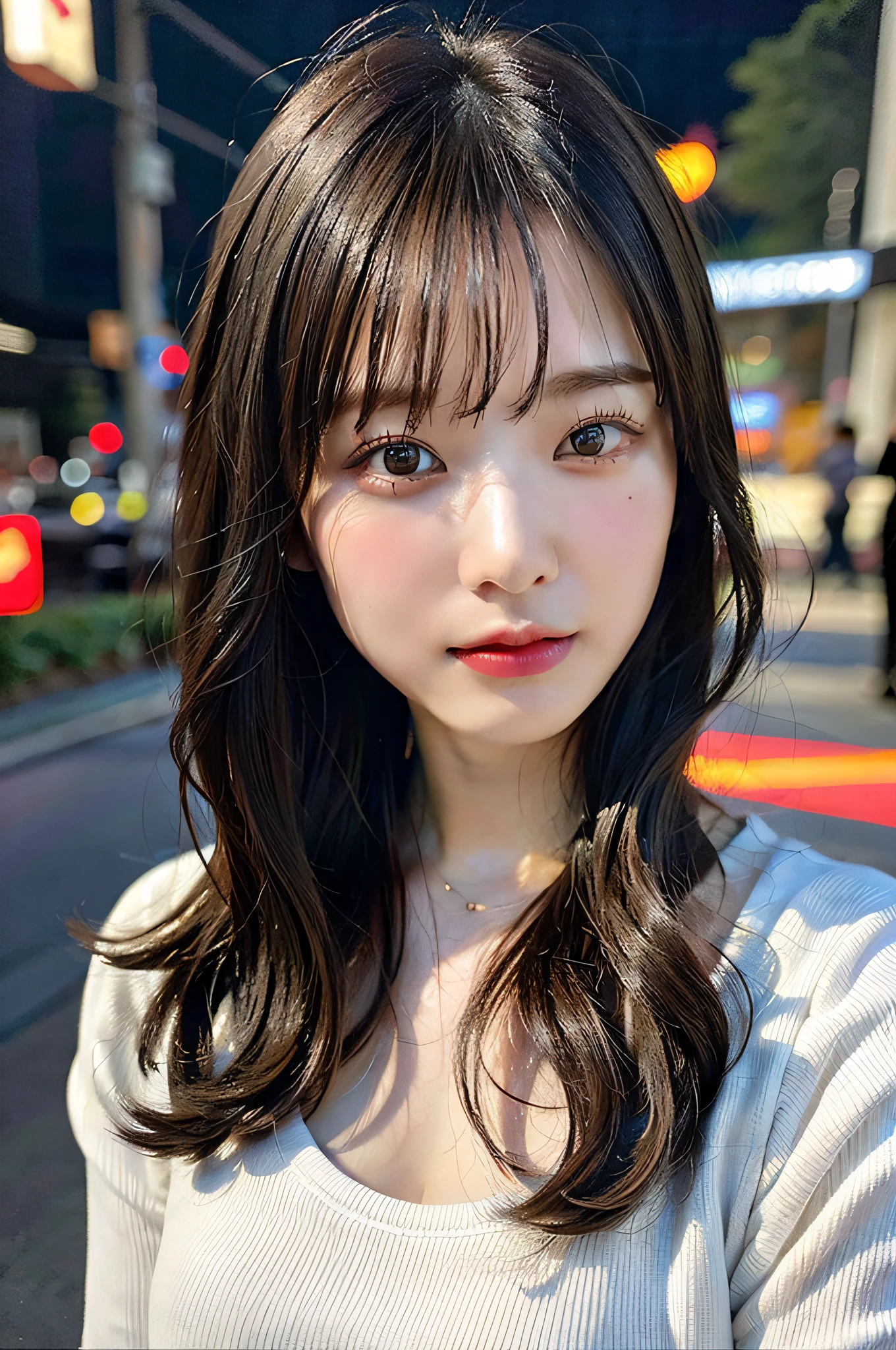 8K, Best Quality, Masterpiece, Ultra High Definition, (Photorealistic: 1.4), Raw Photos, Real Skin Texture, (Film Grain: 1.3), 1girl, Beautiful Detailed Eyes and Face, Masterpiece, Best Quality, Upper Body, Casual Clothing, Japan Idol, Fair Skin, Beveled Bangs, Sting, Droopy Eyes