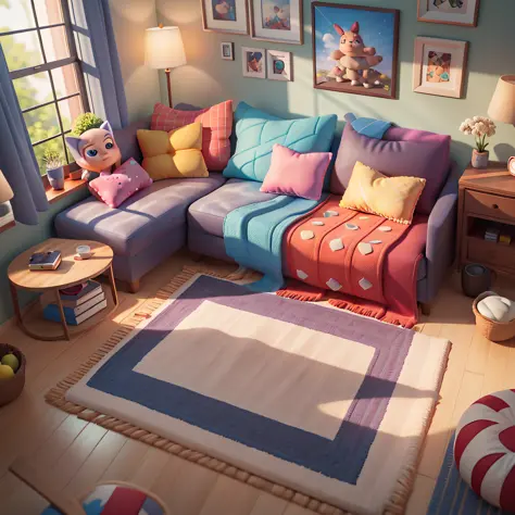 (Pixar style: 1.2), cute, 3D artwork, throw pillows, backrests, pillows, video games, light, blender, OC renderer, dribbling high detail 8k, studio lighting --auto --v 6 --s2