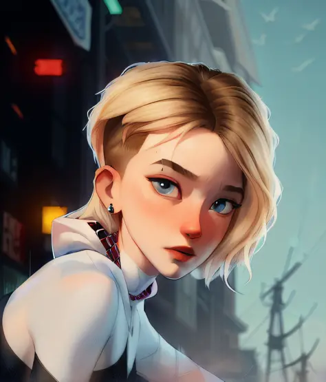 ((masterpiece)), (cinematic lighting), a close-up, beautiful stylized illustration of gwen_stacy, with a sidecut, asymetrical blonde hair, with incredibly detailed blue eyes and a beautiful detailed face, with parted lips, the side of her head shaved, bare...