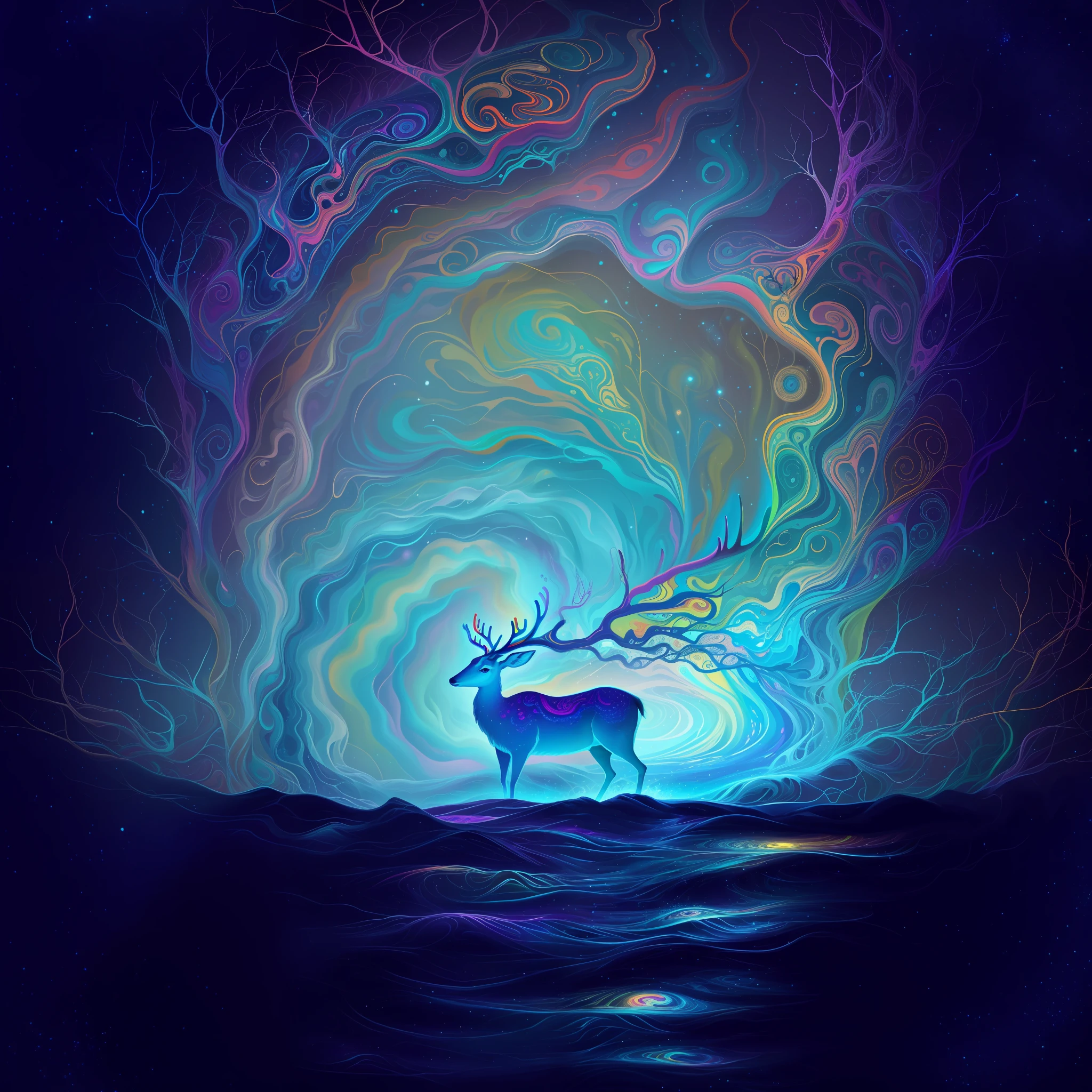 painting of a deer in a colorful swirly landscape with a bright light, jen bartel, james r. eads, psychedelic surreal art, colorful flat surreal ethereal, inspired by Cyril Rolando, swirling bioluminescent energy, surreal psychedelic design, surreal mystical atmosphere, in style of cyril rolando, surreal colors, a beautiful artwork illustration