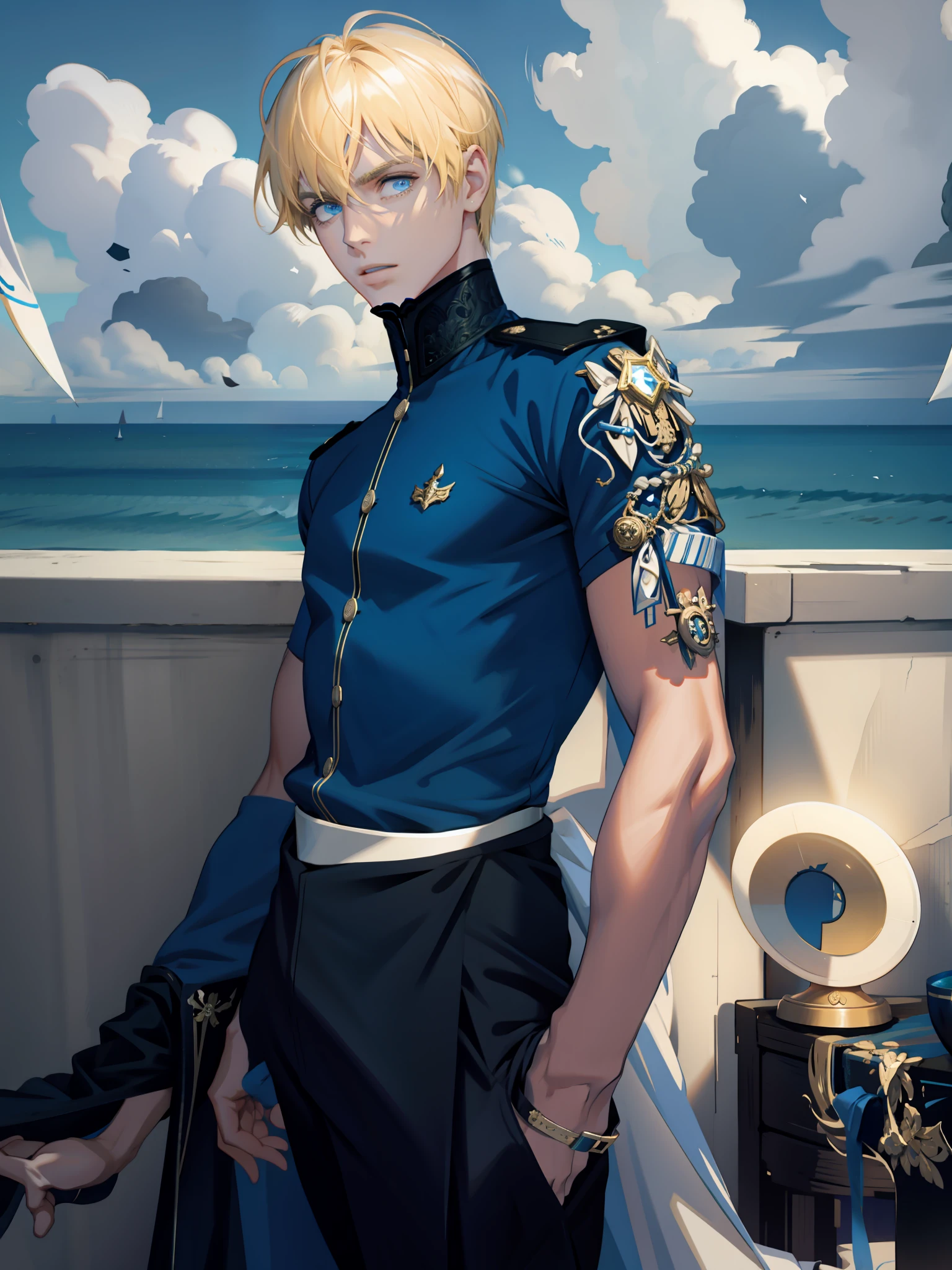 (masterpiece, best quality), 1 male, mature, aged up:1.4, tall muscular guy, broad shoulders, finely detailed eyes and detailed face, extremely detailed CG unity 8k wallpaper, intricate details, Fantasy, royal, nobleman, Admiral, short hair, blonde hair, blue eyes, fleet commander, navy, commander, white uniform, ocean, cloudy sky, wave