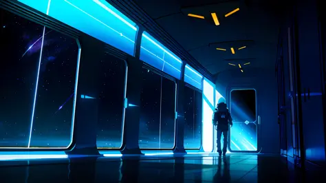 atmospheric illustration of a space traveler in a spaceship looking  through the window, seeing the universe filled with stars, ...