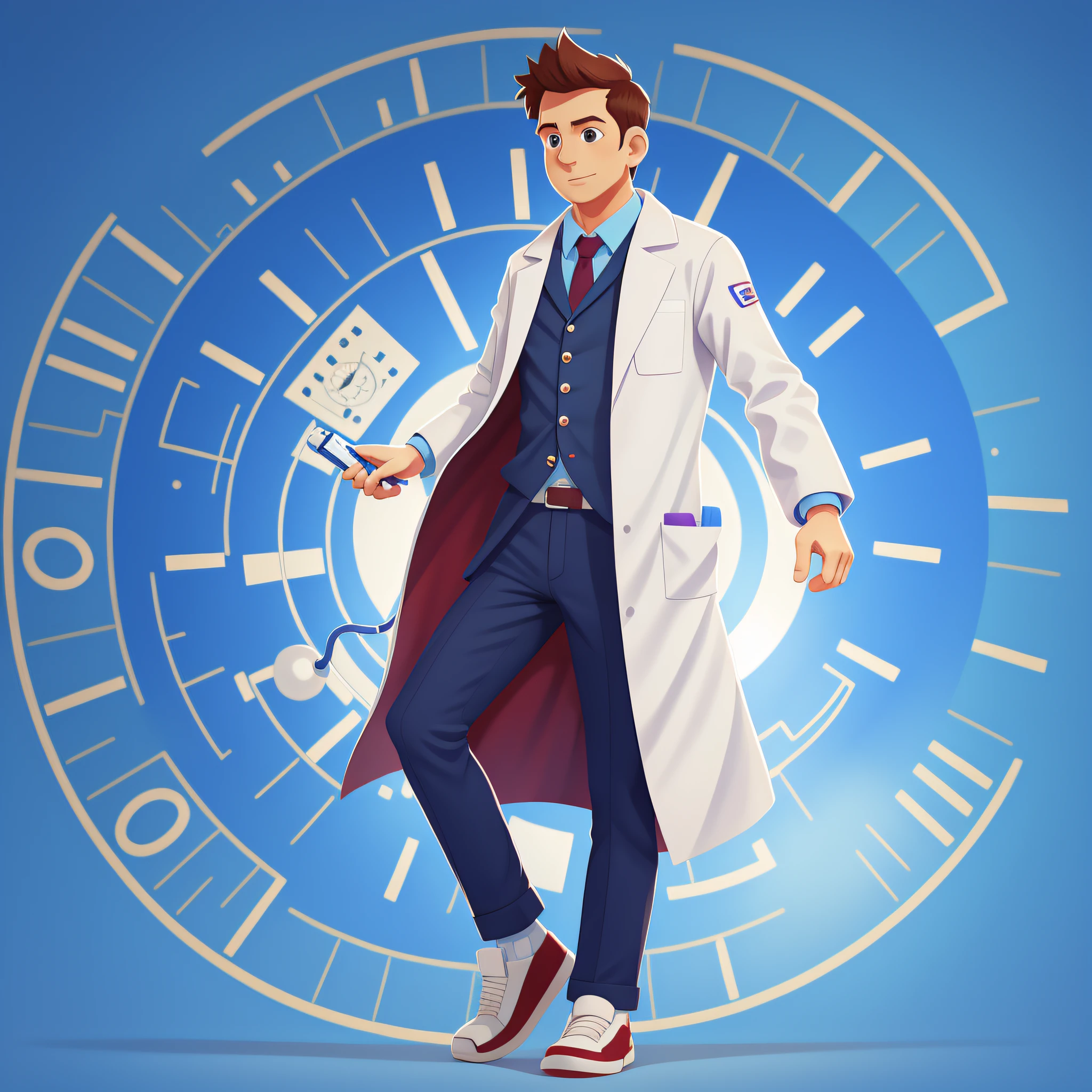 Male doctor, cartoon doctor, Q version doctor, white coat, 3d rendering, blue background, solid color background, full body photo