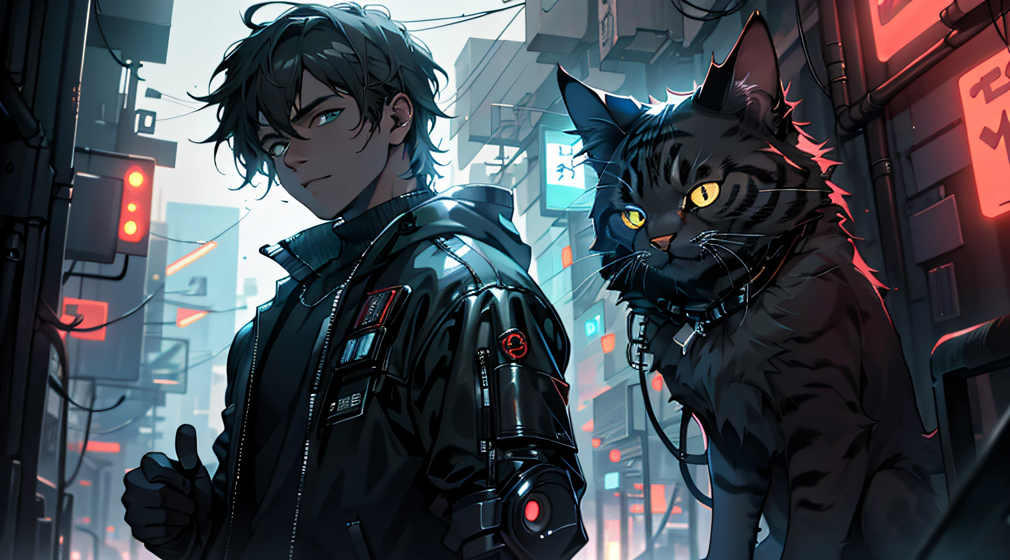 Anime character with cat in urban setting with red light - SeaArt AI