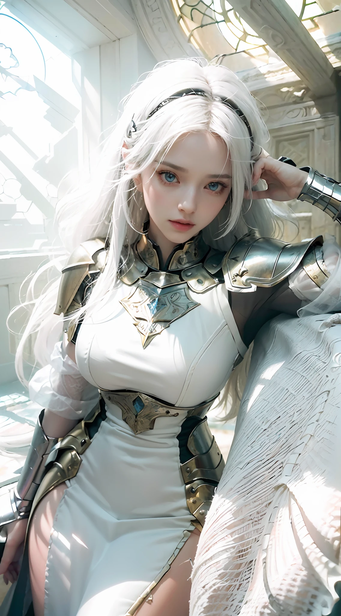 ((Best Quality)), ((Masterpiece)), (Details: 1.4), 3D, A Beautiful Female Knight, (Long White Hair: 1.9), (Red Eyes: 1.7), (Armor: 1.5), Sabre, Temple Background, Gothic Chapel, HDR (High Dynamic Range), Ray Tracing, NVIDIA RTX, Super-Resolution, Unreal 5, Subsurface Scattering, PBR Texture, Post Processing, Anisotropic Filtering, Depth of Field, Maximum sharpness and sharpness, multi-layer textures, albedo and highlight maps, surface shading, accurate simulation of light-material interactions, perfect proportions, Octane Render, two-color light, large aperture, low ISO, white balance, rule of thirds, 8K RAW,