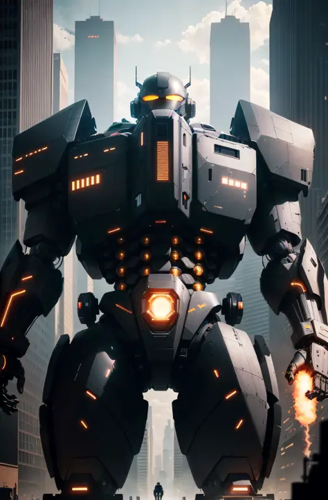 Black glowing aircraft, (super huge humanoid robot with complex structure), 500 meters tall robot, finely glowing complex parts, high definition, detailed drawing, 8K, (((black body)), peeking out of a building, urban, ground, deck-up, sophisticated form, ...