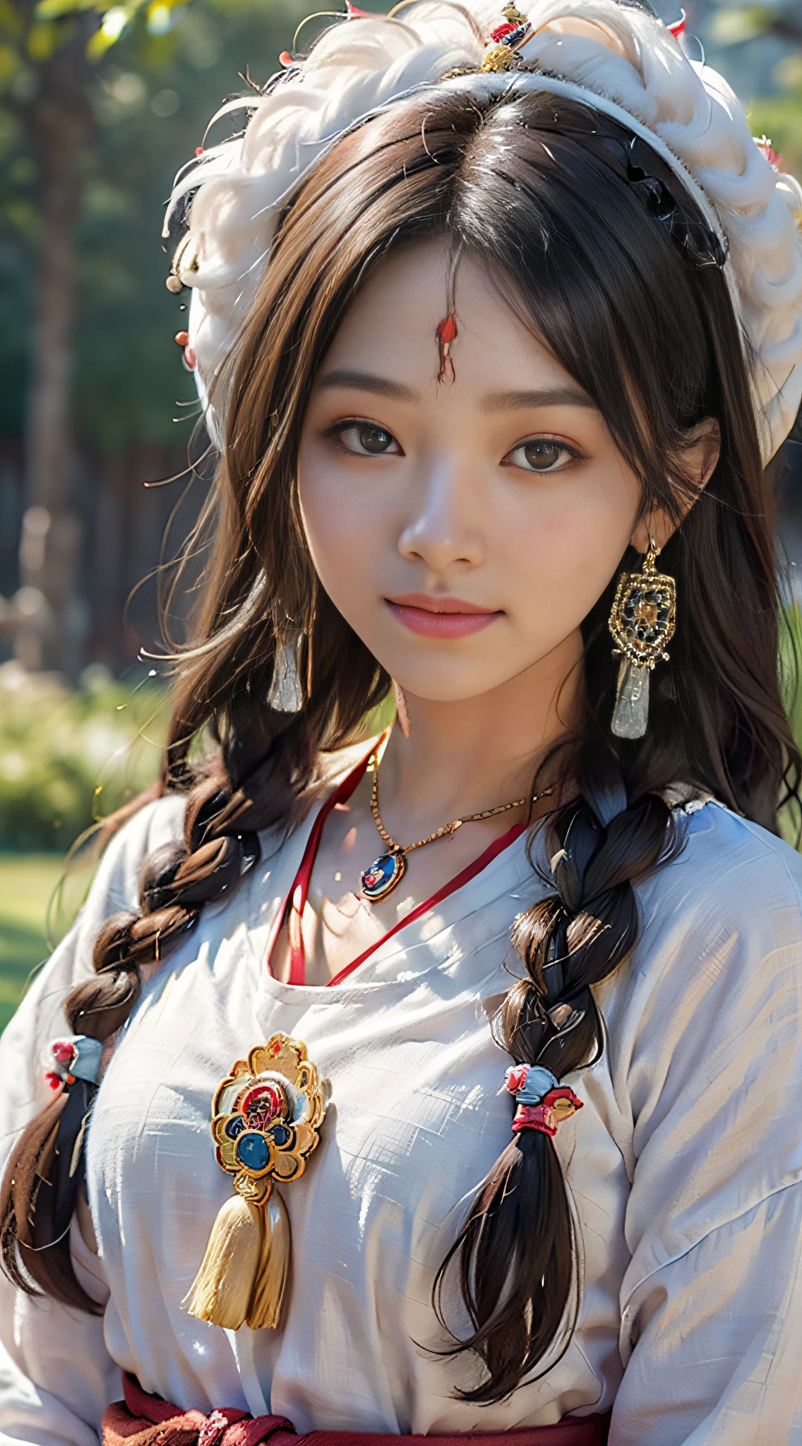 A girl, long braids, Tibetan girl, close-up, slightly raised head ...