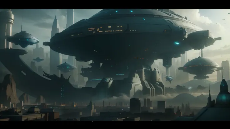 a close up of a futuristic city with a lot of flying objects, thor 2 ...